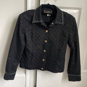 St John knit jean style jacket coat black size petite logo stretch fabric gold